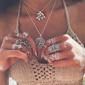 Silver Boho Tree of Life Multi Layered Necklace